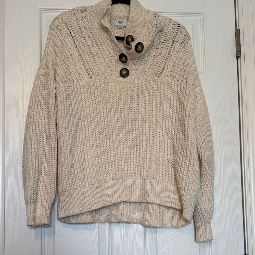 Aerie Cream Turtleneck Sweater with Button Details